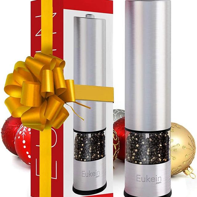 Eukein Electric Pepper Grinder, Electric Salt Grinder, Battery Powered Automatic Salt Or Pepper Mill Shaker With A Light Set At Bottom, One Hand Grips Thumb Operation, Refillable, Ceramic Burr