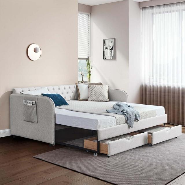 Antetek Extendable Daybed with Trundle, 80.5" Modern Linen Day Bed Twin to King with Storage Pockets, Convertible Dual-use Trundle Sofa Bed Frame for Bedroom, Living Room, No Box Spring Needed, Beige