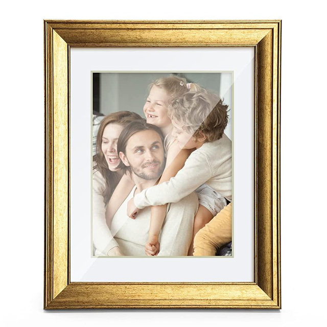 TWING 11x14 Picture Frame Gold Displays 8x10 Photo Frame with Mat or 11x14 Without Mat, Shatter-Resistant Plexiglass, MDF Wood, Wall Mounting Only, Ideal Gift to Family and Friends