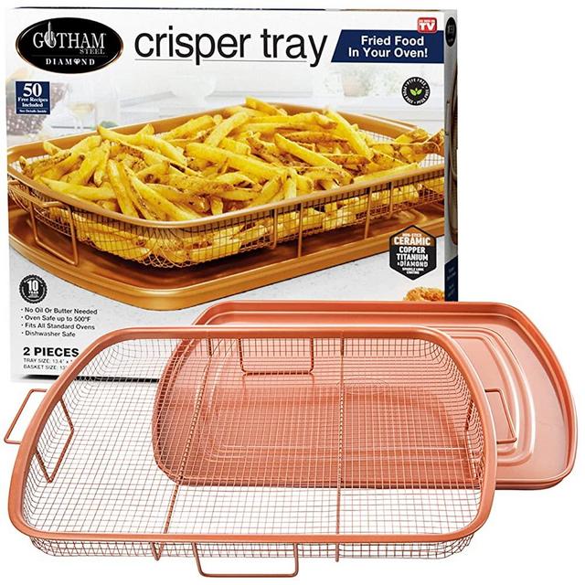 Gotham Steel Crisper Tray for Oven, 2 Piece Nonstick Copper Crisper Tray and Basket, Air Fry in your Oven, Great for Baking and Crispy Foods, As Seen on TV – Extra Large Size, 13.4” x 11.4”