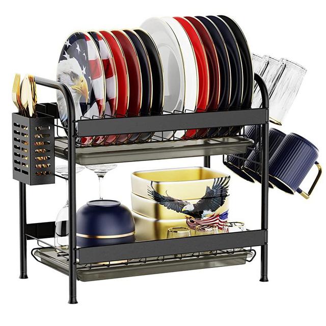 Dish Drying Rack for Kitchen Counter - Swedecor 2 Tier Dish Rack with Cup Holder and Utensil Holder Rust-Resistant Compact Dish Drainer with Drainboard Storage, Black
