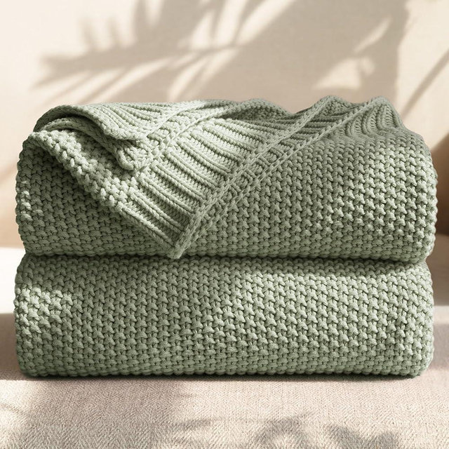 blunique 100% Cotton Cable Knit Throw Blanket, Lightweight Soft Knit Blanket for Sofa Couch Bed, Breathable All-Season Throw, Cozy Decorative Blanket, 50 x 60 Inch,Sage