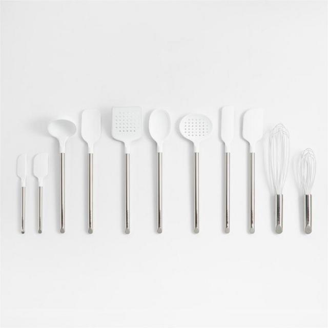 White Silicone and Stainless Steel Utensils, Set of 11
