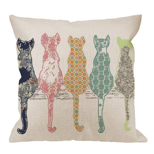 HGOD DESIGNS Colourful Creative Cared Cats Pillow Case,Cute Cats Back Cotton Linen Cushion Cover Square Standard Home Decorative for Men/Women 18x18 inch White Green Pink Orange