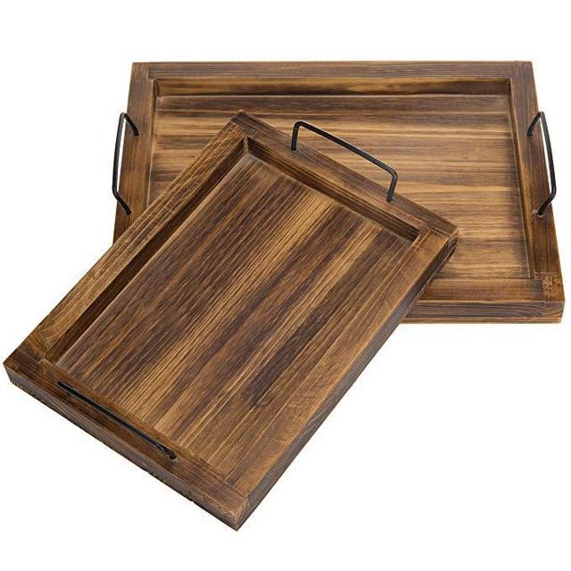 Rustic Burnt Wood Finish Rectangular Nesting Serving Trays w/Metal Handles