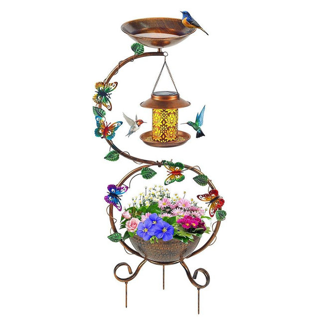 YYWMWM Metal Birdbath with Flower Planter Pedestal, Bird Bath and Solar Bird Feeders Combo for Outdoor, Decorative Bird Baths with Butterfly for Garden Yard Outside
