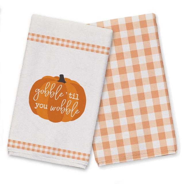 Gobble Wobble Pumpkin Plaid Border Tea Towel Set