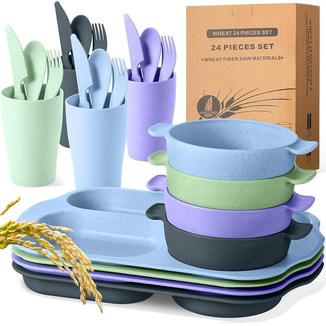 24 Pcs Wheat Straw Dinnerware Cutlery Set for Kids Toddler Aldult Including Divided Plates Microwave Dishwasher Safe Bowl Unbreakable Tableware Straw Cutlery Spoon Knife Fork(Assorted Color)