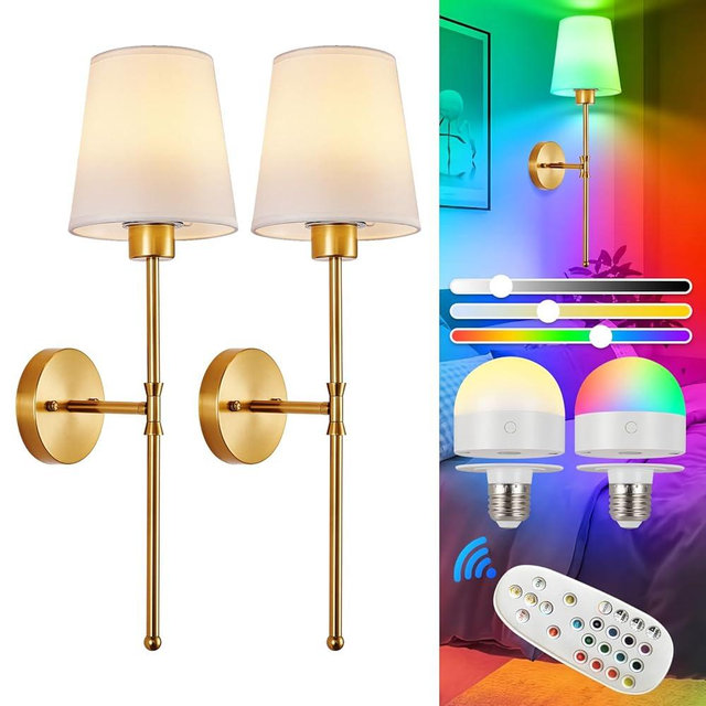 Depuley Battery Operated Wall Sconce: Rechargeable Wall Lamp Set of 2 with Remote and Dimmable Bulb for Home Decor - Wireless Wall Lights with 15 Colors for Bedroom E26 Base Fabric Shade Gold