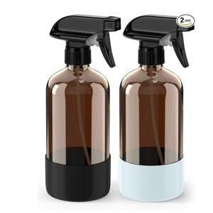 Bontip Glass Spray Bottle with Silicone Sleeve Protection, Amber Glass Spray Bottle Set for Window Cleaner Aromatherapy Facial Hydration Watering Flowers Hair Care 2 Pack/16 oz (Black & Blue, 16 oz)