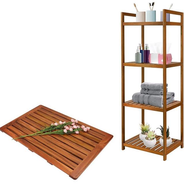 Utoplike (32" x 18") Teak Wood Bath Mat and Teak Wood Bathroom Shelf Organizer Freestanding Set