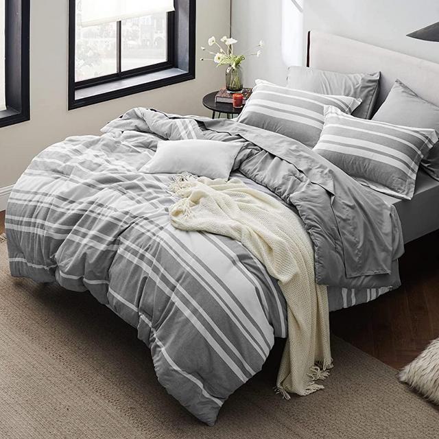 Bedsure Bed in a Bag Queen 7-Piece Gray White Striped Bedding Comforter Sets All Season Bed Set, 2 Pillow Shams, Flat Sheet, Fitted Sheet and 2 Pillowcases