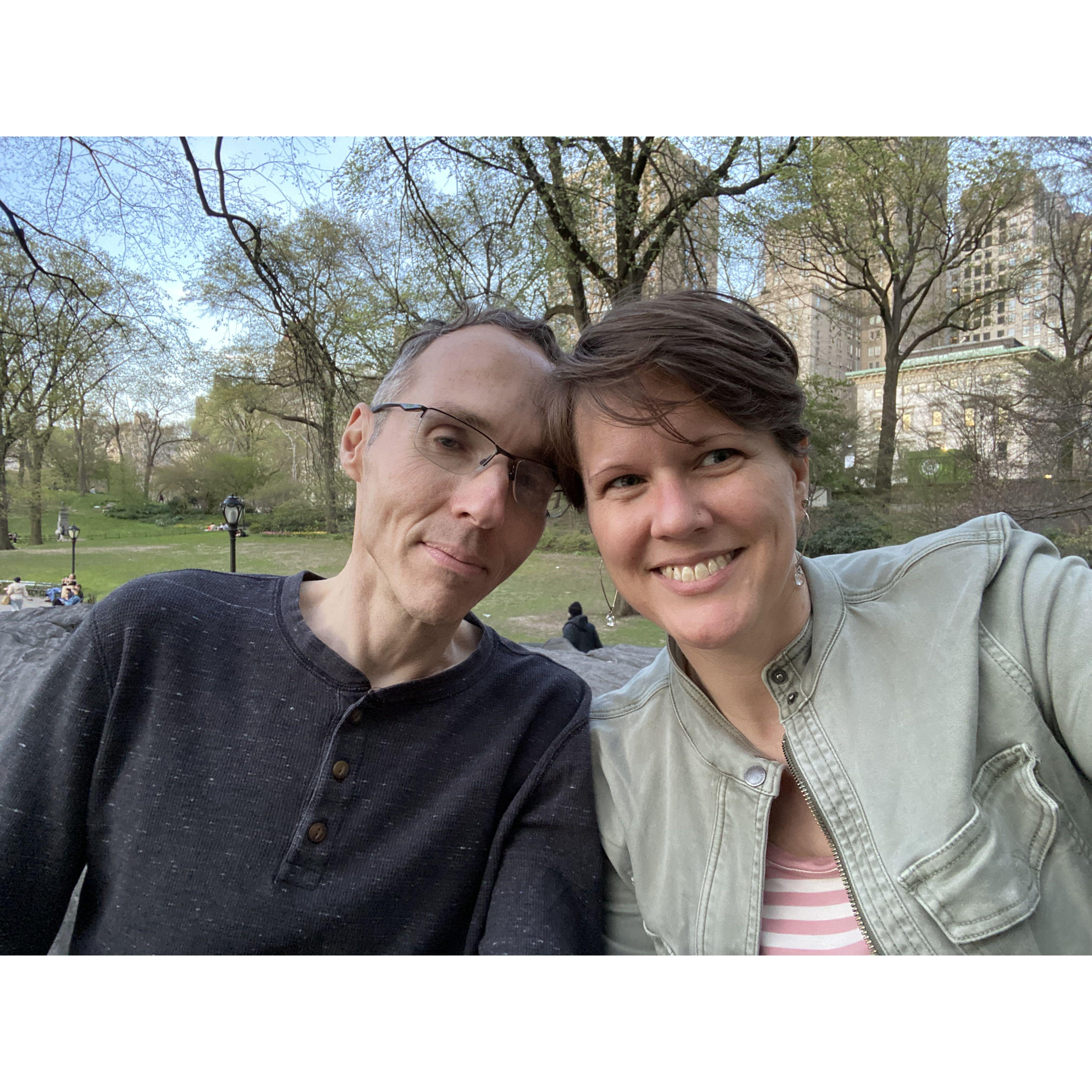 Sitting in Central Park - our first trip together was to NYC!