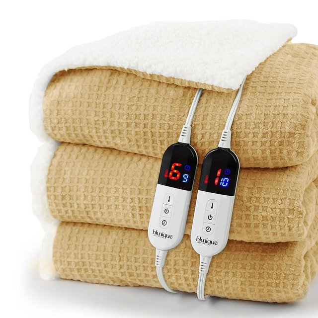 blunique Heated Blanket Electric Blanket King Waffle, 90x100 Inches Dual Controllers Sherpa Fleece Fast Heating Blanket 6 Heating Levels & 10 Hours Auto Off ETL Certification, Apricot Orange King