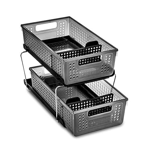 madesmart 2-Tier Organizer with Dividers - Bath Collection Antimicrobial, Slide-Out Baskets with Handles, Space Saving, Multi-Purpose Storage & BPA-Fre, Large, Carbon