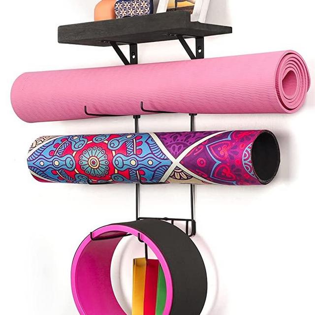 Yoga Mat Holder Wall Mount Yoga Mat Storage Home Gym Accessories with Wood Floating Shelves and 4 Hooks for Hanging Foam Roller and Resistance Bands at Fitness Class or Home Gym