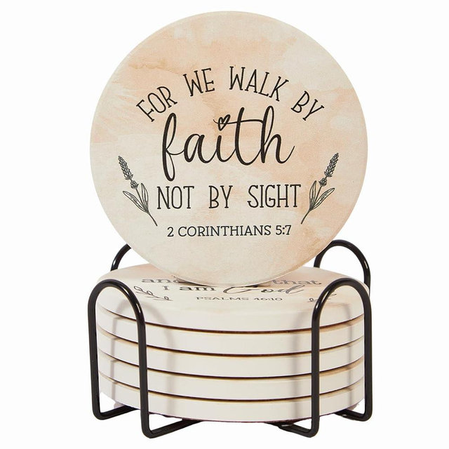 Christian Gifts Absorbent Coaster Set of 6 with Holder – Ceramic Drink Coasters for Coffee Table & Kitchen, Round Home Decor, Faith-Inspired Alternative to Cork, Silicone or Glass (Blessed)