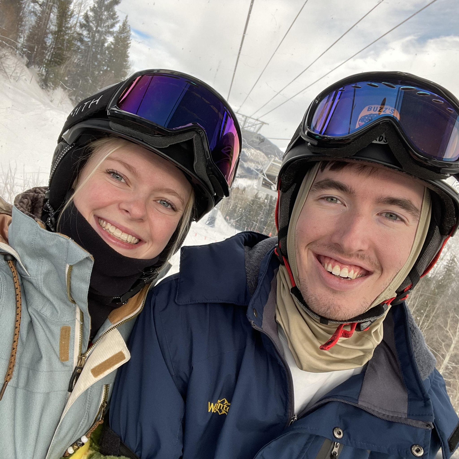 Gondala selfies in Vail, Colorado. We had a wonderful trip with our good friends Luke and Sydney James, and Kobe successfully learned how to shred with Sarah (December, 2023).