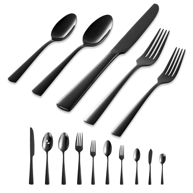 Black Silverware Set, 45-Piece Flatware Set Service for 8, Durable Stainless Steel, Mirror Polished Tableware Eating Cutlery Set, Kitchen Utensils Set with Steak Knives, Dishwasher Safe