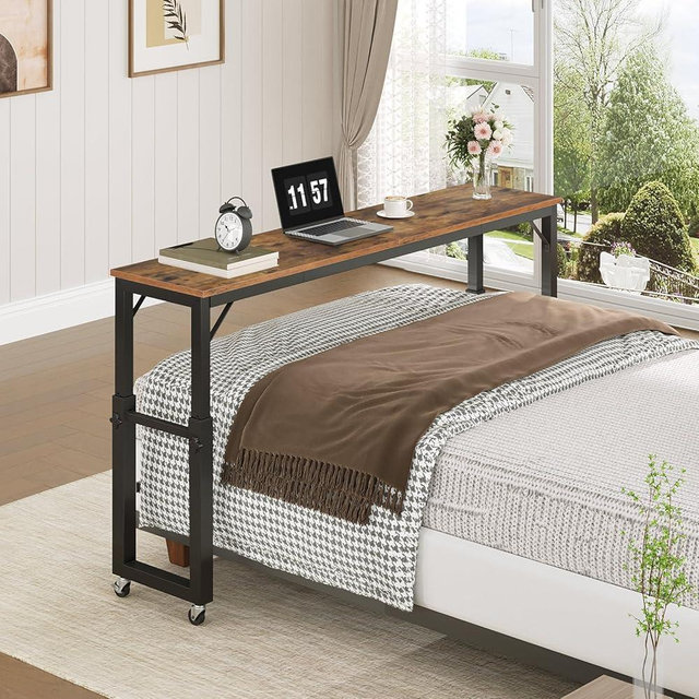 MAHANCRIS Overbed Table with Wheels, Queen Size Mobile Bed Desk with Adjustable Height, Rolling Table, Laptop Table, Recliner Desk, for Bedroom, Living Room, Office, Rustic Brown MTHR18001