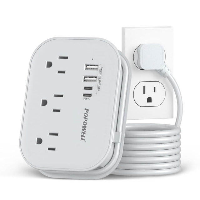 Flat Plug Power Strip- USB Travel Power Strip, 3 Outlets and 4 USB Ports(2 USBC) Desktop Charging Station, 5 Ft Wrapped Extension Cord, Non-Surge Protector for Cruise Essentials, Travel, Home, Dorm.