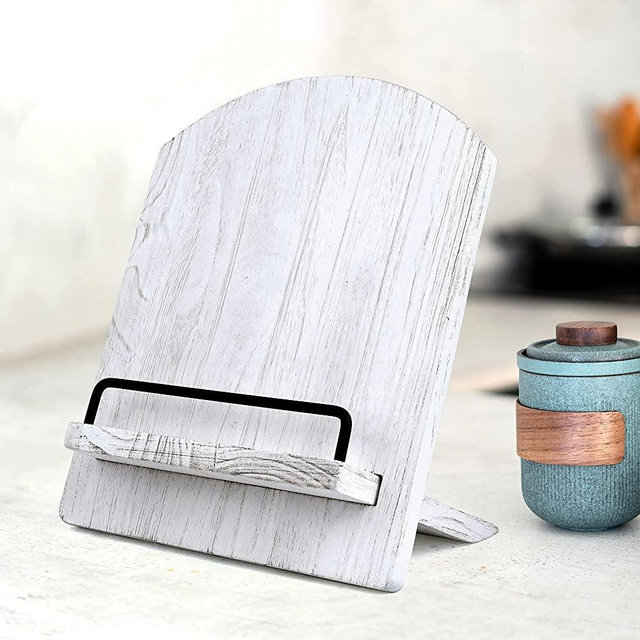 Cookbook Stand - Wood Cookbook Holder, Cutting Board Cookbook Recipe Holder with Adjustable Pull-Out Stand (White)