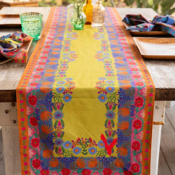 Double-Sided Bohemian Bungalow Table Runner - Teal Borders