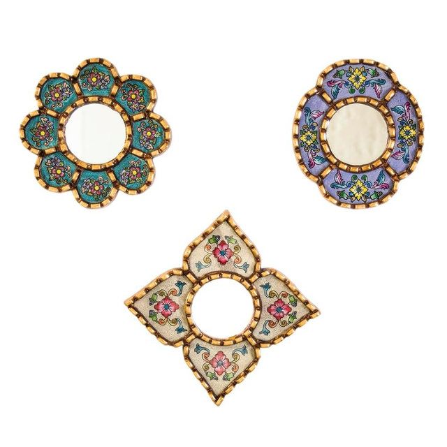 DECORCONTRERAS Artisan Handcrafted Wall Mirror Set, 3 Floral Shape Mirrors, Bronze Finish Frame, Turquoise Purple Beige Glass