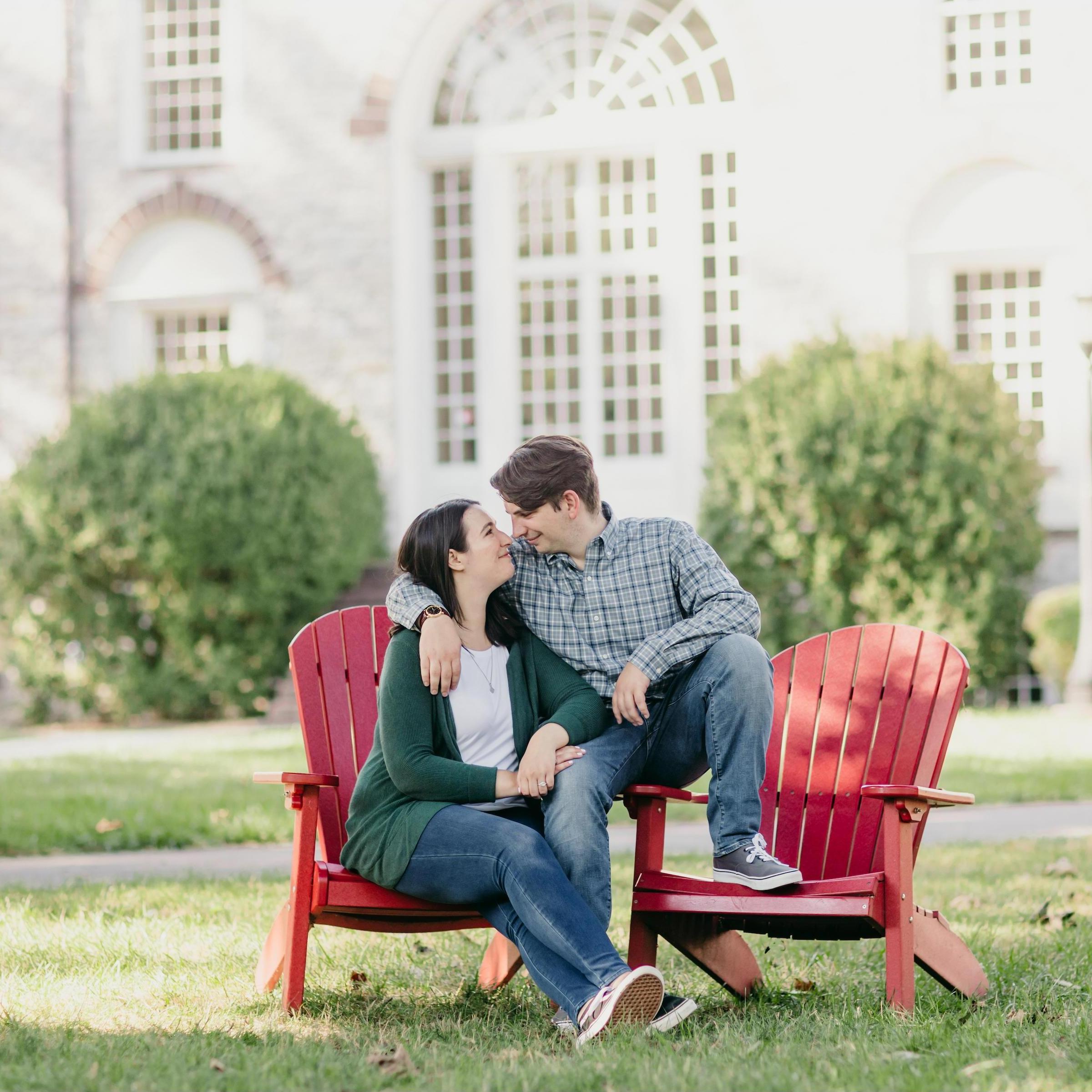 The iconic red Adirondack chairs at Dickinson college