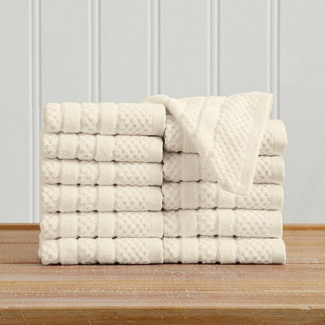 Great Bay Home 100% Cotton 12 Pack Washcloth Set - Absorbent, Quick-Drying, Checkered Jacquard Bath Towels for Bathroom - Zero-Twist Fibers (Ivory)