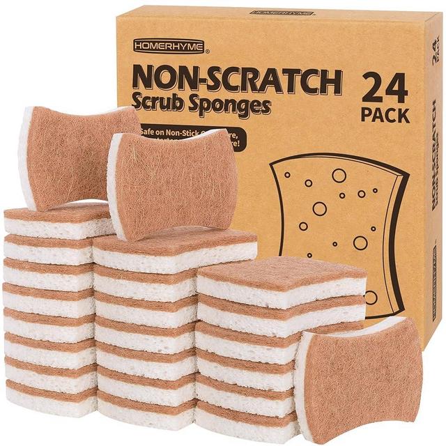 HOMERHYME Natural Dish Sponge 24 Pack, Non-Scratch Scrub Sponge, Eco-Friendly Multipurpose Kitchen Cellulose Sponge, Biodegradable Odor-Less Dual-Sided Sponge for Dish Washing & Household Cleaning