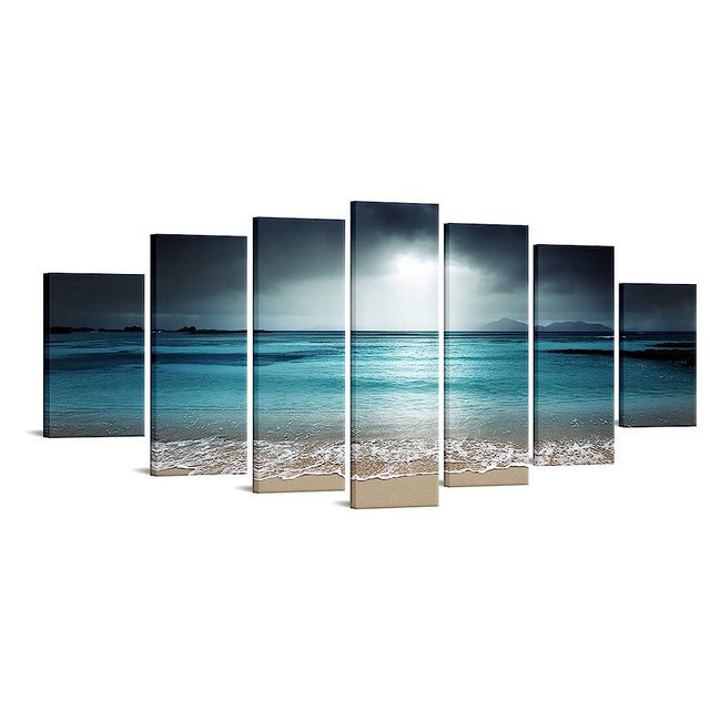 iKNOW FOTO 7 Multi Panel Xlarge Modern Canvas Prints Wall Art Blue Ocean Seascape Pictures Beach Landscape Printed On Canvas Ready to Hang for Living Room Home Office Decor 70x32 inch