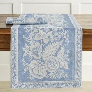 Vintage Floral Jacquard Table Runner, Blue