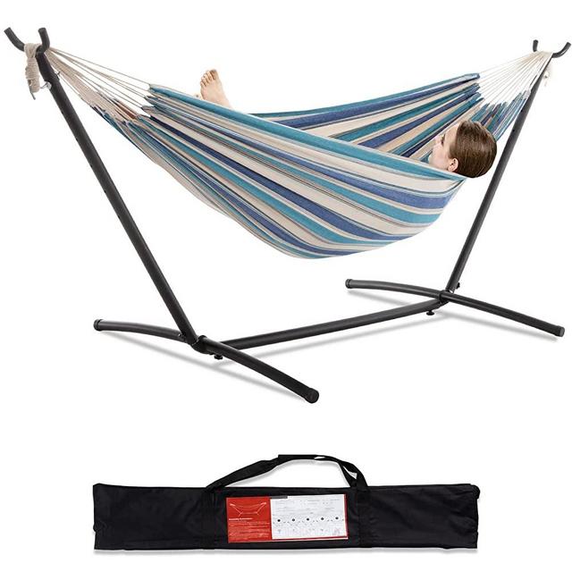 PNAEUT Double Hammock with Space Saving Steel Stand Included 2 Person Heavy Duty Garden Yard Outdoor 450lb Capacity Hammocks ( Lightblue )