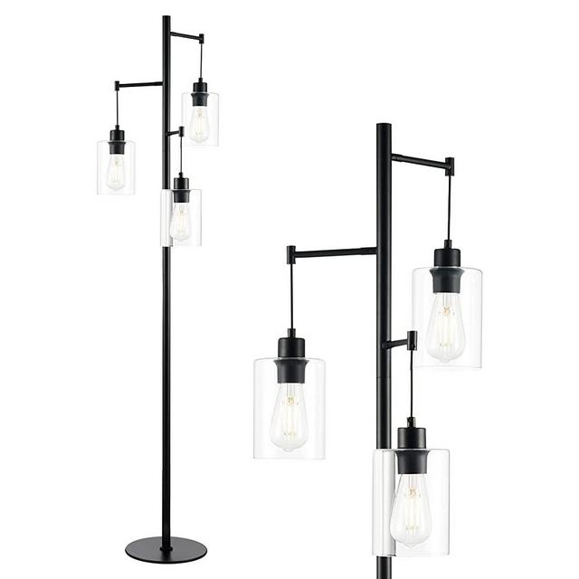 VONLUCE 3 Lights Modern Industrial Floor Lamp Black, Rustic Tree Standing Lamps with Hanging Glass Shades, 3 Heads Farmhouse Floor Lamp for Living Room, Bedroom, Dining Room, Office, 3 LED Bulbs Incl.