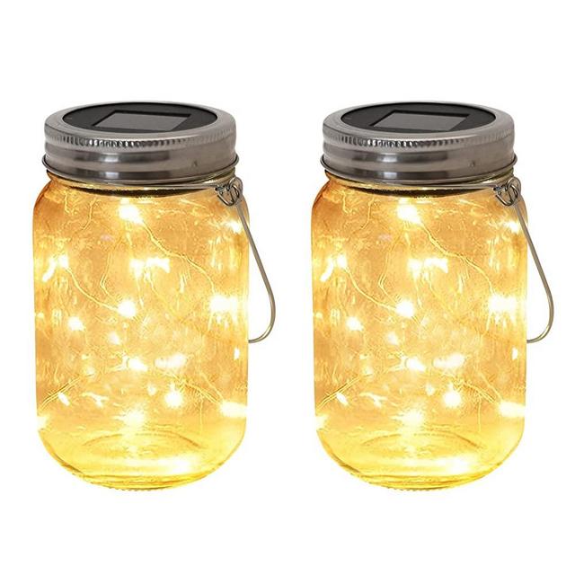 ABCCANOPY Mason Jar Solar Lights 2 Pack, Outdoor Hanging Lights with 10 LED Waterproof Solar Lanterns for Garden Patio Backyard Christmas Decoration ( Warm Light )