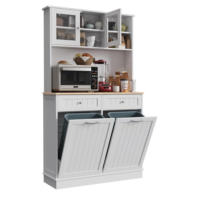 KIGOTY 68" Kitchen Pantry Storage Cabinet,20 Gallon Trash Cabinet with Microwave Stand, Tall Kitchen Cupboard,Pantry Cabinets with Doors and Shelves (White-Double)
