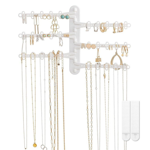 All Hung Up 6-Tier 6" Wall Jewelry Organizer, Command Strips included for Easy Hanging, 120 Hole Earring Organizer, Necklace Organizer, Bracelet Holder, Ring Holder, Rotating Branches, White