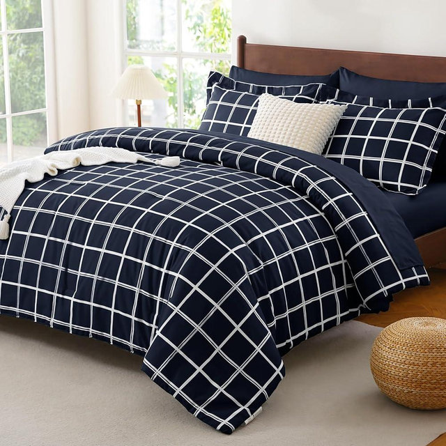 CozyLux King Size Comforter Set Navy Blue - 7 Pieces Plaid Bed in a Bag Set, Soft Bed Set King Bedding Sets with All Season Quilted Comforter, Flat Sheet, Fitted Sheet, Pillowcases & Pillow Shams