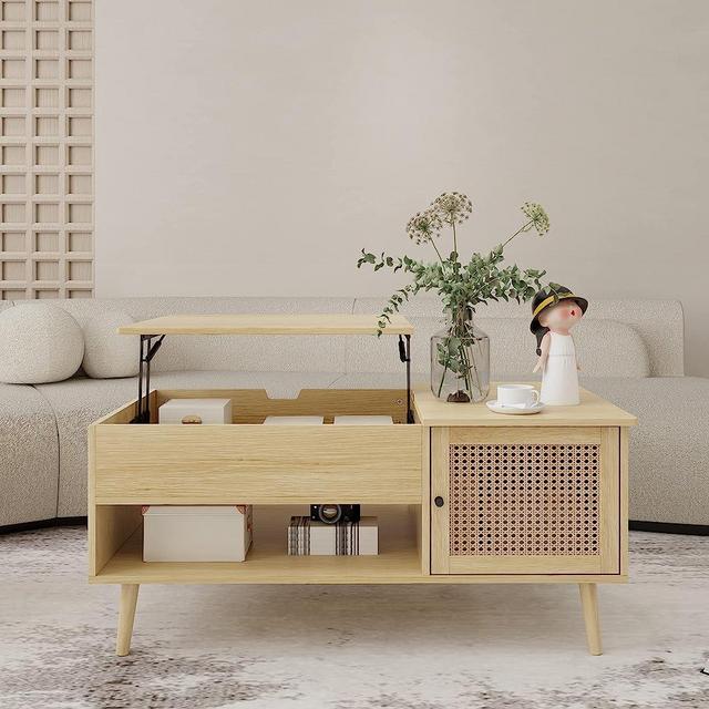 FOKWE Lift Top Coffee Table with Hidden Compartment, Big Storage Space and Adjustable Storage Shelf Lift Tabletop Dining Table for Home Living Room, Office (Natural)