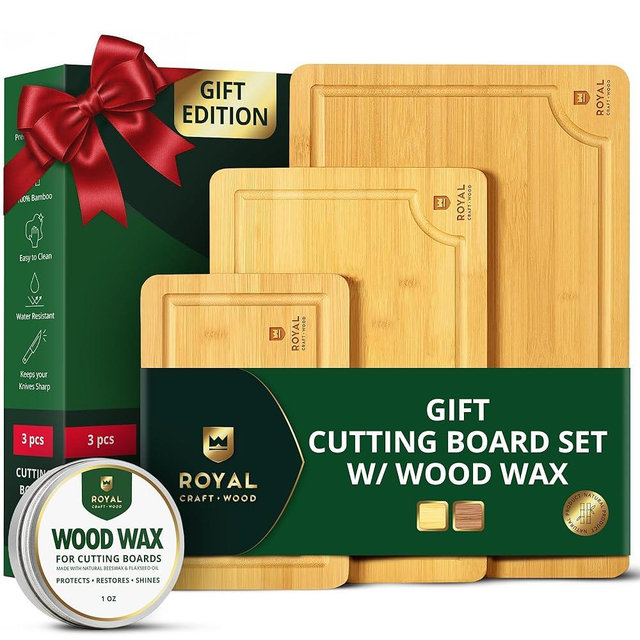ROYAL CRAFT WOOD Bamboo Cutting Board Gift Set – 3-Piece Reversible Wooden Boards with Deep Juice Groove & Handles – Premium Charcuterie & Butcher Blocks for Kitchen – Holiday Gift-Ready Packaging