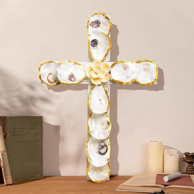 QEQEKAKA Cross Wall Decor - Handmade Oyster Shells Cross Wood Wall Decor for Christian Wall Art Decor Religious Gift Indoor Outdoor Home Decor