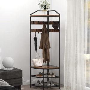 GiftGo Corner Hall Tree with Shoe Bench Entryway Coat Rack with 10 Metal Movable Hooks Floor Standing Clothes Rack Shoes Shelf Organizer for Home Office Bedroom (Rustic Brown)