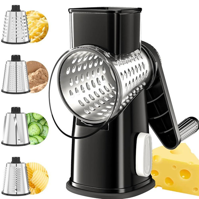 VEKAYA Rotary Cheese Grater Hand Crank with 4 Interchangeable Stainless Steel Blades, Large Manual Handle Shredder and Waffle Slicer for Vegetables, Cheese and Nuts with Table Suction Base (Black)