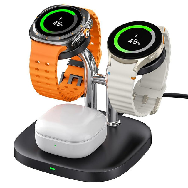 SwanScout Dual Watch Charger, SwanScout 704S, 3 in 1 Wireless Charging Station for Samsung Galaxy Watch Ultra/7/6/6 Classic/5 Pro/5/4/3/Active 2, for Galaxy Buds 3 Pro/3/2 Pro