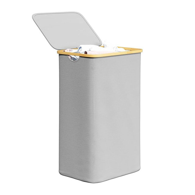 SpaceAid Laundry Hamper with Lid, 110L Large Tall Clothes Basket Bin with Bamboo Handles, Collapsible Laundry Hamper for Bedroom, Bathroom, Dorm, Laundry Room - Light Grey