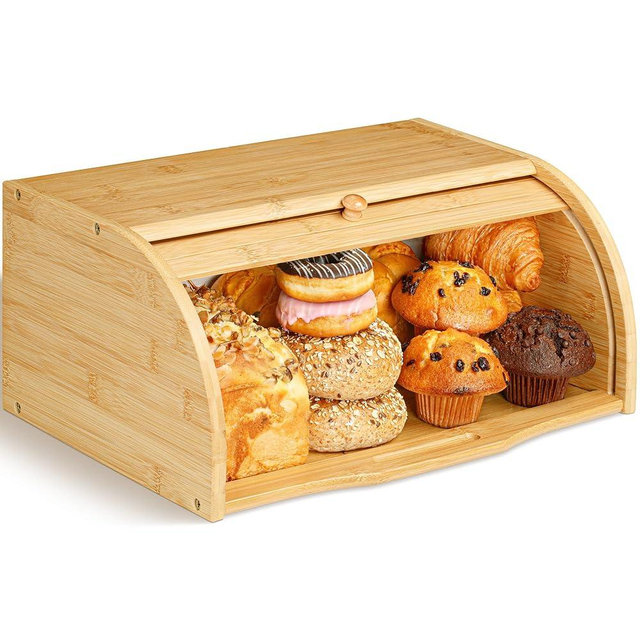 Golden Nature Bamboo Bread Box for Kitchen Countertop, Large Wooden Food Keeper W/Rolling Lid, Vintage Storage Bin for Bagels, Muffins, Cupcakes & Cookies