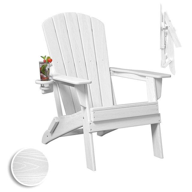 Plawdlik Folding Adirondack Chair, SGS Tested, Wooden Textured with Cup Holder, Heavy All-Weather HDPE Comfortable Set Poolside Backyard Lawn White