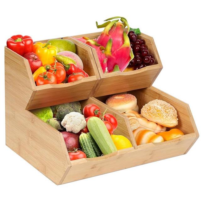 Bamboo Stackable Pantry Storage Bins, Kitchen Pantry Organizers and Storage, Potato and Onion Storage Bin, Wood Pantry Baskets for Produce, Fruits, Vegetable and Bread, Set 3 Pieces