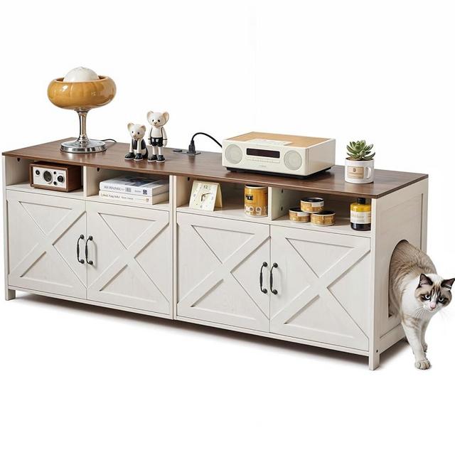 JanflyHome Double Cat Litter Box Enclosure for 2 Cats, 63" Hidden Litter Box Furniture with Outlet Power, Farmhouse Large Litter Box Cabinet TV Stand, 63 x 17.7 x 23.6 in, Antique White